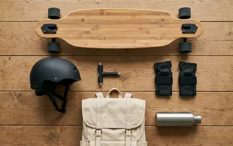 Flatlay-Arrangement rund um Longboard zum Thema Ridge 41 Zoll Longboard, weiches Oberlicht - Foto: THN