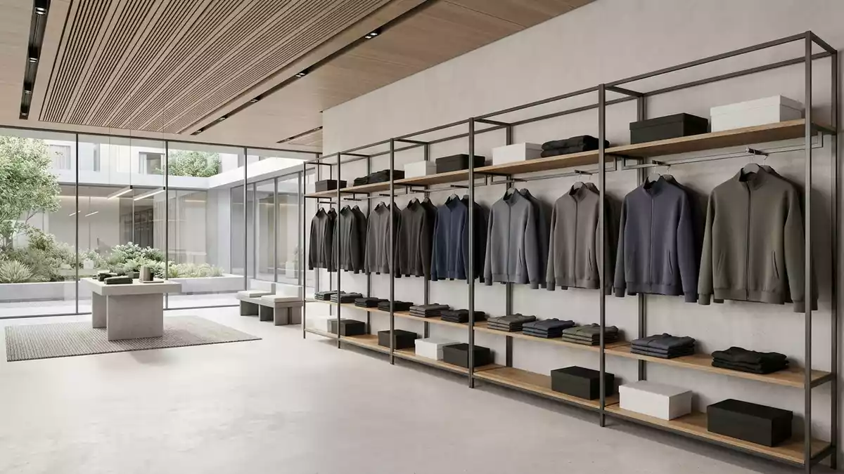 Architektur-Render im Sportbekleidungsgeschaeft mit Trainingsanzug im Ausstellungsbereich