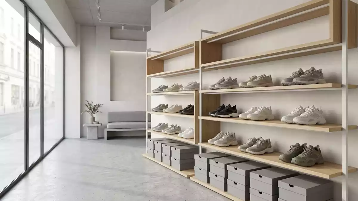 Architektur-Render im Schuhgeschaeft mit Sneaker im Ausstellungsbereich, neutral