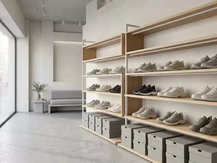 Architektur-Render im Schuhgeschaeft mit Sneaker zum Thema Puma RS-X Sneaker, neutrales Tageslicht - Foto: THN