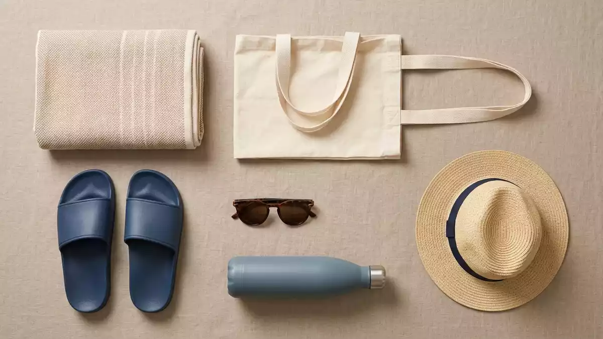 Flatlay-Arrangement rund um Badeschlappen mit passenden Requisiten von oben, neutral