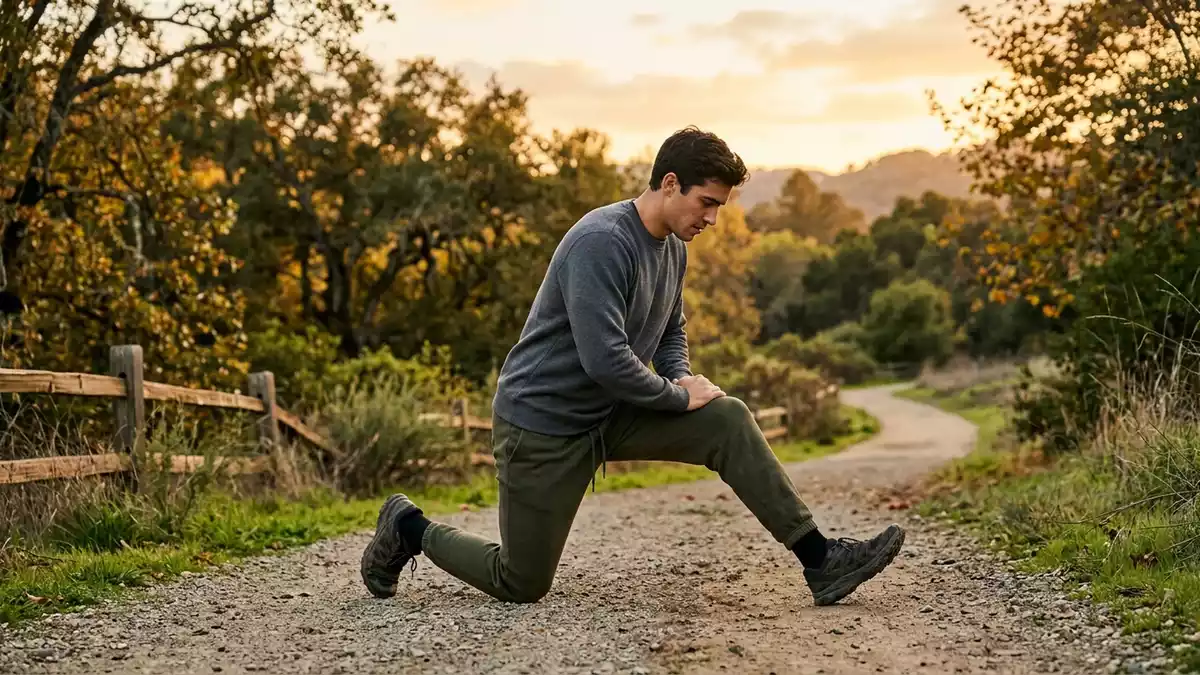 Fotorealistische Ansicht von Jogginghose beim Dehnen in warmem Abendlicht, neutral