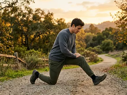 Fotorealistische Aufnahme von Jogginghose beim Dehnen zum Thema Puma Evostripe Jogginghose, warmes Abendlicht - Foto: THN