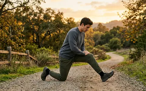 Fotorealistische Aufnahme von Jogginghose beim Dehnen zum Thema Puma Evostripe Jogginghose, warmes Abendlicht - Foto: THN