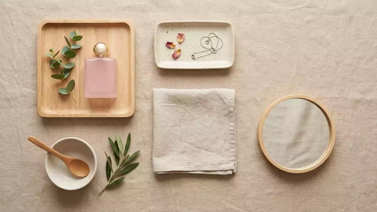 Flatlay-Arrangement rund um Eau de Toilette mit passenden Requisiten von oben, neutral