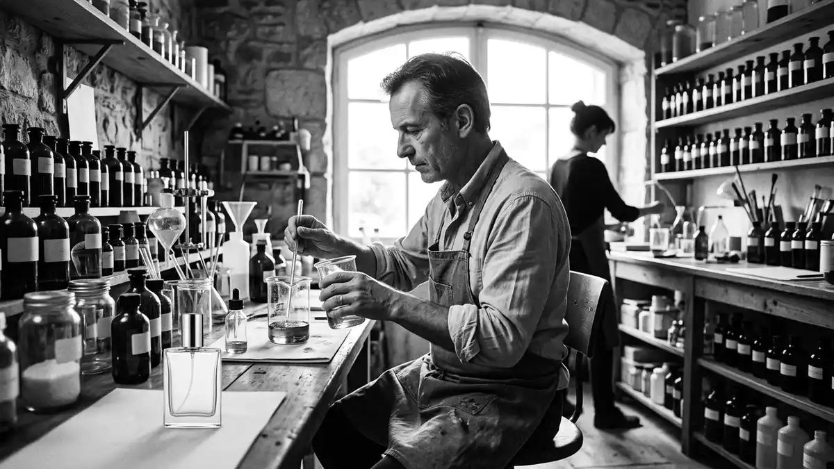 Schwarzweiss-Reportagebild mit Eau de Parfum in dokumentarischer Arbeitsumgebung