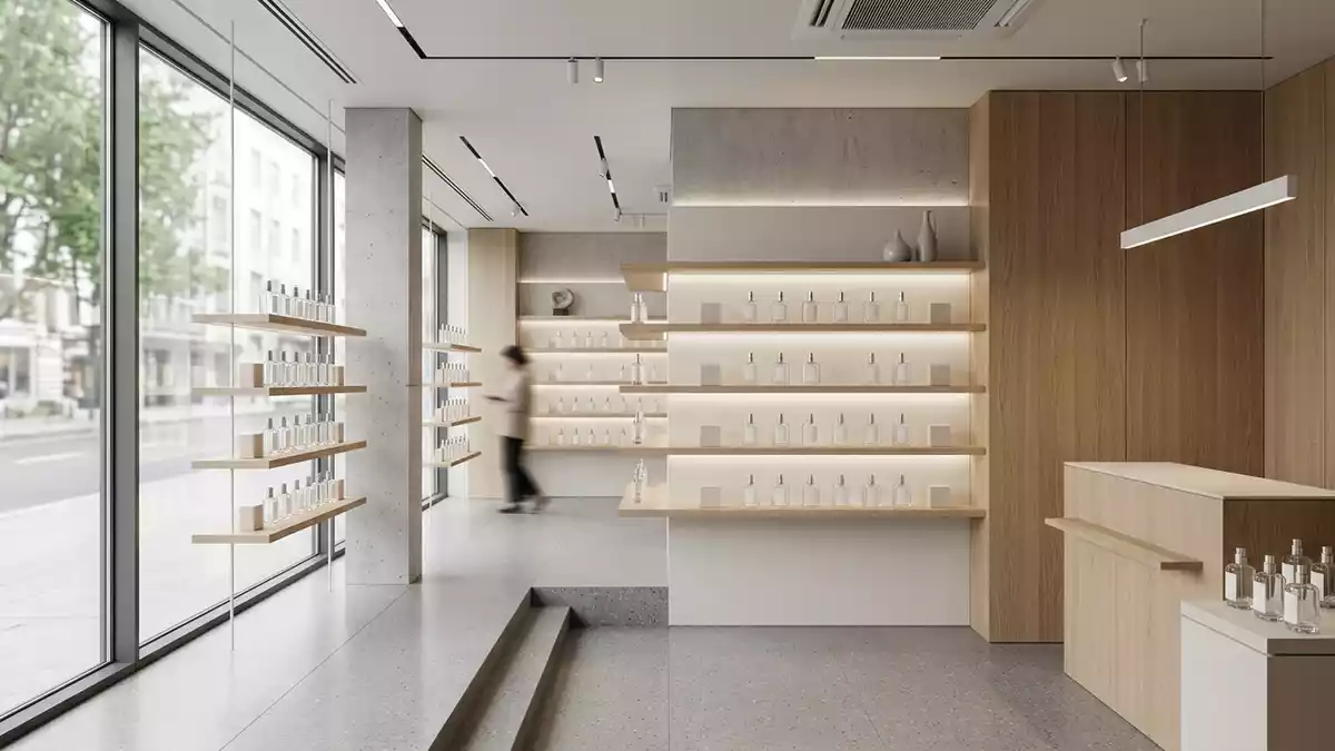 Architektur-Render im Parfuemerie mit Eau de Parfum im Ausstellungsbereich, neutral