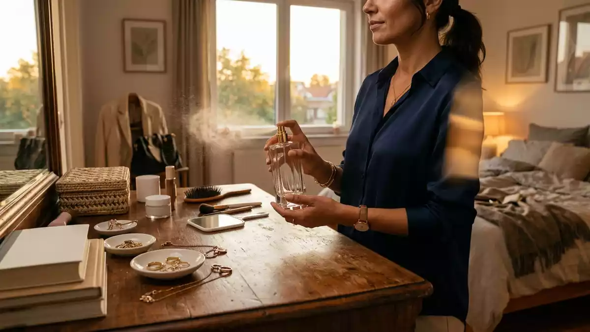 Fotorealistische Ansicht von Eau de Parfum im Schlafzimmer in warmem Abendlicht