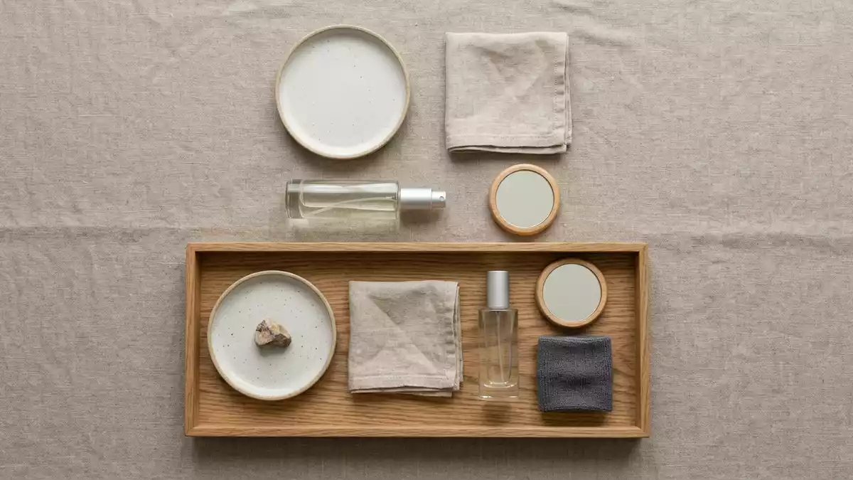 Flatlay-Arrangement rund um Eau de Toilette mit passenden Requisiten von oben, neutral