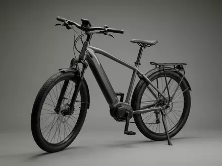 Fotorealistische Studioaufnahme von Trekking-E-Bike zum Thema Telefunken RC820 Multitalent E-Bike, klare Lichtfuehrung - Foto: THN
