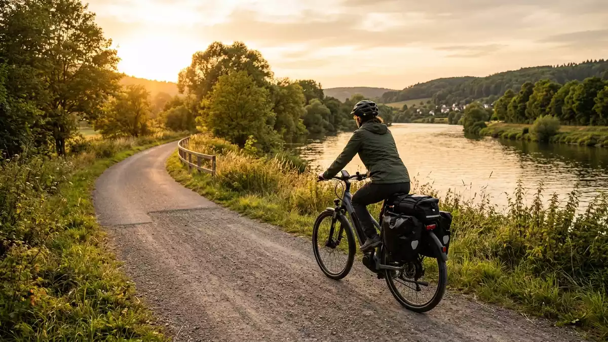Fotorealistische Ansicht von Trekking-E-Bike am Flussufer in warmem Abendlicht