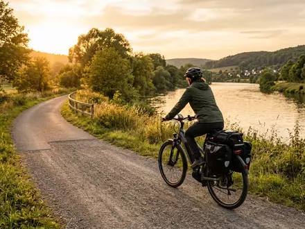 Fotorealistische Aufnahme von Trekking-E-Bike am Flussufer zum Thema Telefunken RC820 Multitalent E-Bike, warmes Abendlicht - Foto: THN