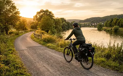 Fotorealistische Aufnahme von Trekking-E-Bike am Flussufer zum Thema Telefunken RC820 Multitalent E-Bike, warmes Abendlicht - Foto: THN