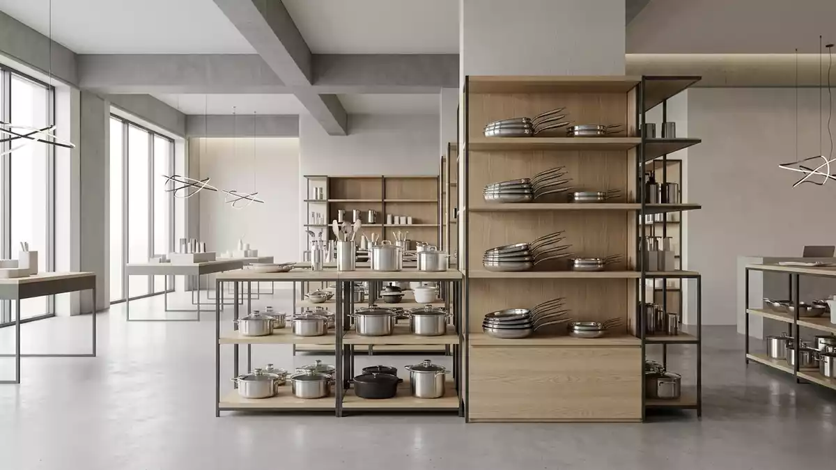 Architektur-Render im Kuechenladen mit Pfannenset im Ausstellungsbereich, neutral