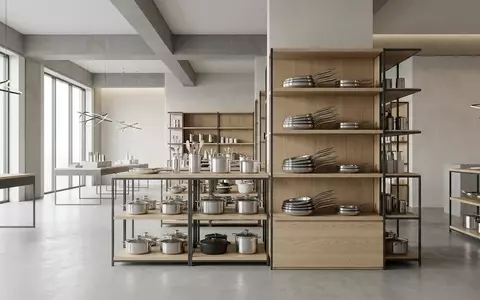 Architektur-Render im Kuechenladen mit Pfannenset zum Thema Tefal CB672838 Ingenio Preference, neutrales Tageslicht - Foto: THN
