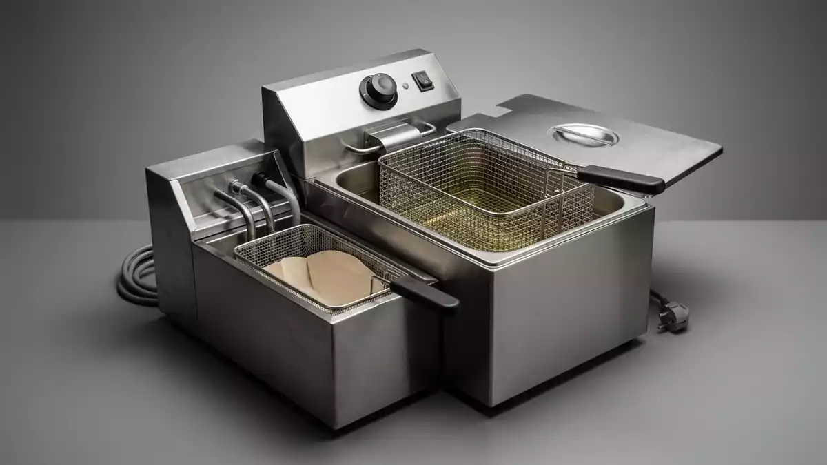 Fotorealistische Studioansicht von Fritteuse in neutraler Produktdarstellung, neutral