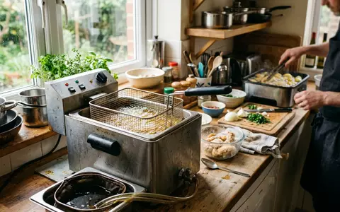 Fotorealistische Aufnahme von Fritteuse in der Kueche zum Thema Tefal FW1020 Friteuse Oleoclean, natuerliches Licht - Foto: THN
