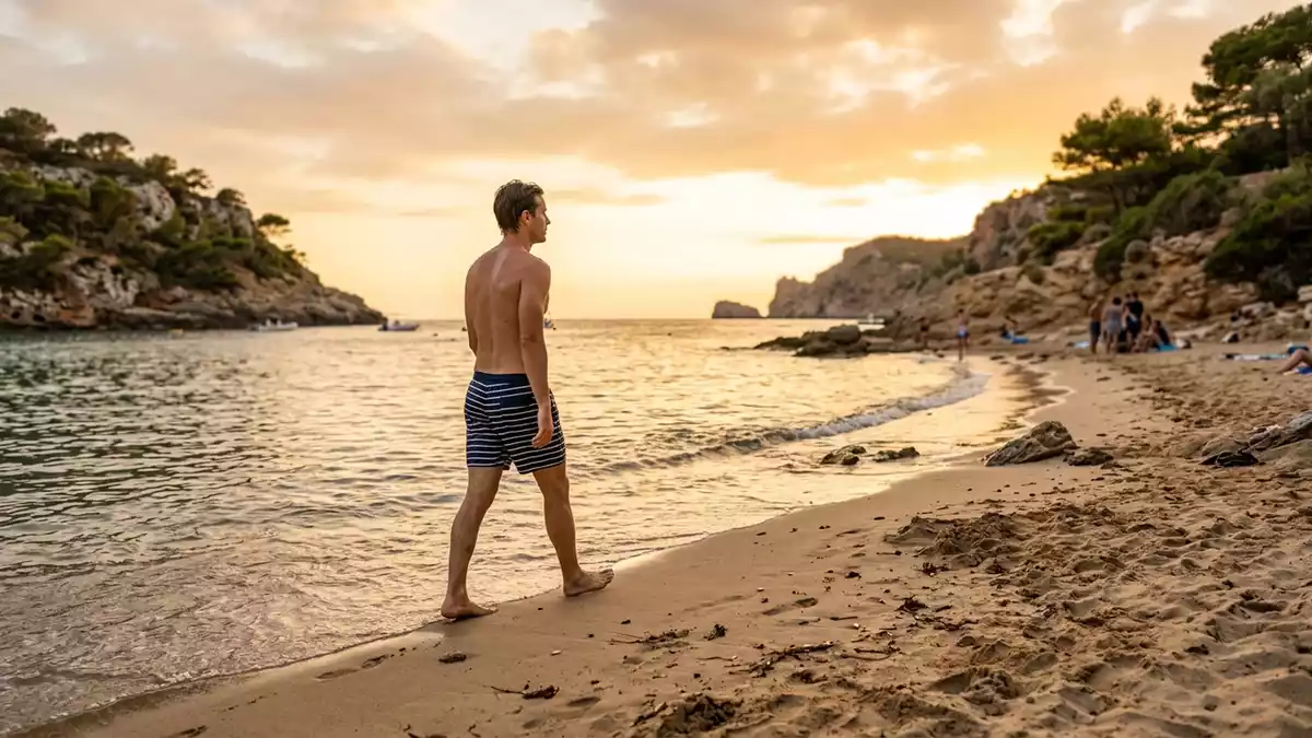 Fotorealistische Ansicht von Badeshorts am Strand in warmem Abendlicht, neutral