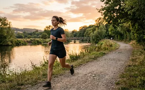 Fotorealistische Aufnahme von Laufuhr am Flussweg zum Thema Garmin Forerunner 965 GPS-Laufuhr, warmes Abendlicht - Foto: THN