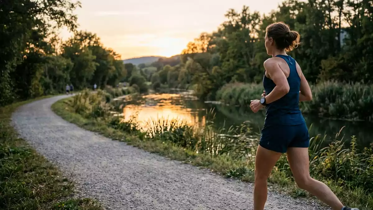 Fotorealistische Ansicht von Laufuhr am Flussweg in warmem Abendlicht, neutral
