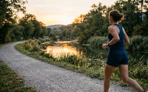 Fotorealistische Aufnahme von Laufuhr am Flussweg zum Thema Garmin Forerunner 265 GPS-Laufuhr, warmes Abendlicht - Foto: THN