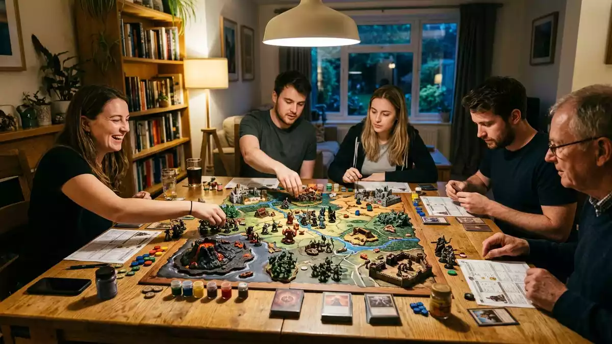 Fotorealistische Ansicht von Strategiespiel am Esstisch in realer Umgebung, neutral