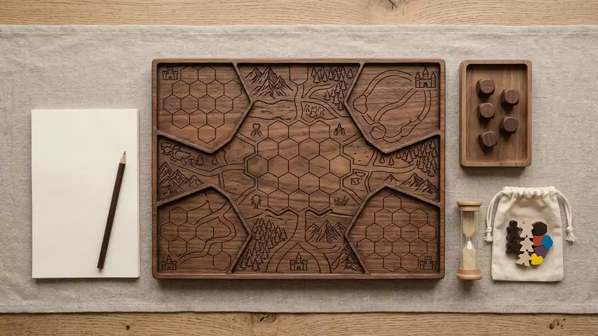 Flatlay-Arrangement rund um Strategiespiel mit passenden Requisiten von oben, neutral