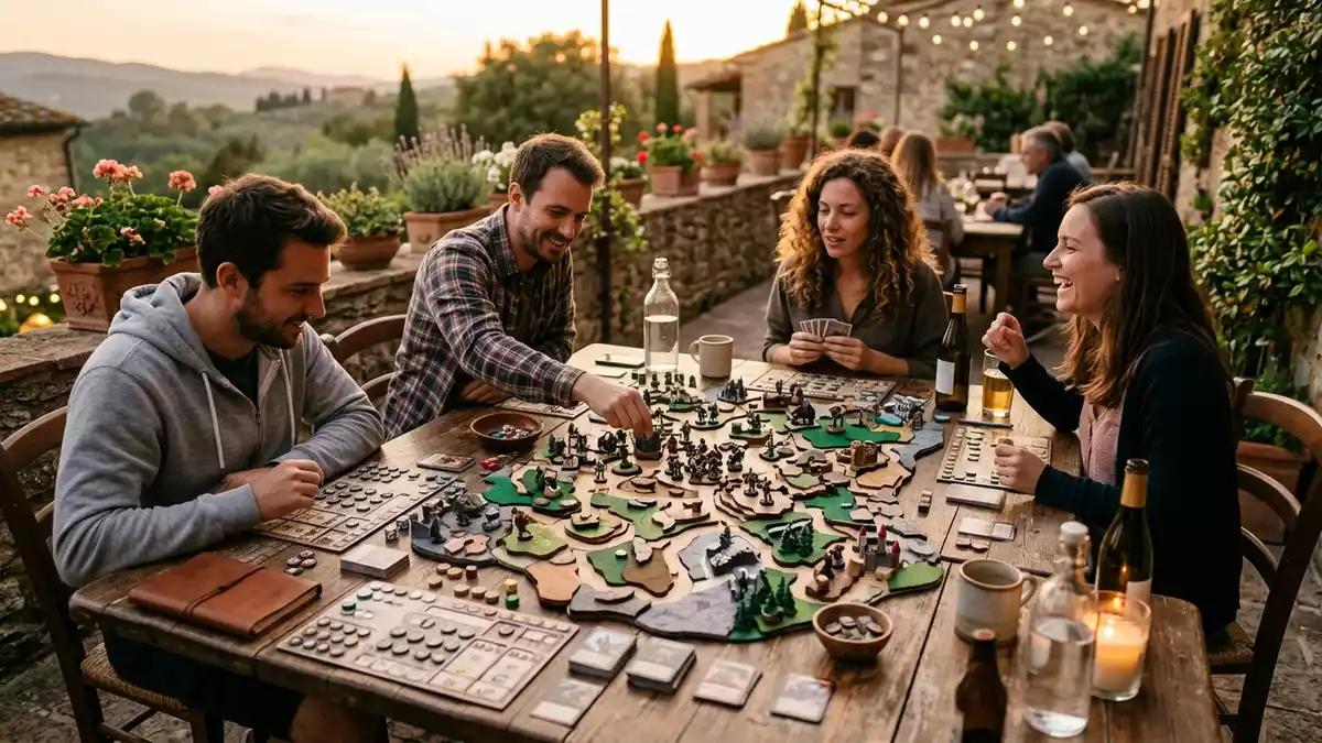 Fotorealistische Ansicht von Strategiespiel auf der Terrasse in warmem Abendlicht