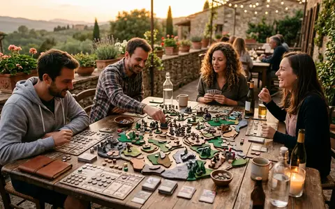 Fotorealistische Aufnahme von Strategiespiel auf der Terrasse zum Thema Villainous, warmes Abendlicht - Foto: THN