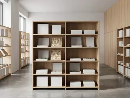 Architektur-Render im Spielefachgeschaeft mit Brettspiel zum Thema Labyrinth, neutrales Tageslicht, sachlich dargestellt - Foto: THN