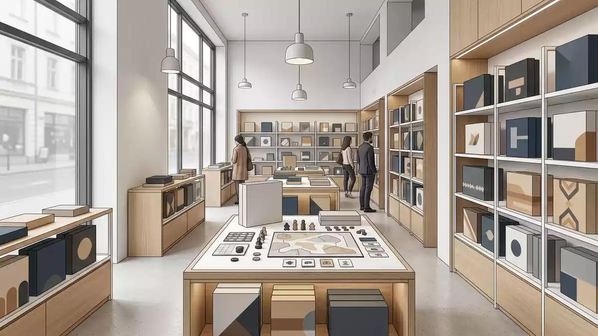 Architektur-Render im Spielefachgeschaeft mit Detektivspiel im Ausstellungsbereich