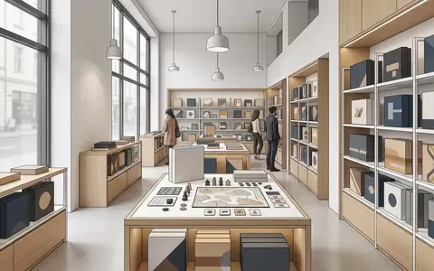 Architektur-Render im Spielefachgeschaeft mit Detektivspiel zum Thema Scotland Yard, neutrales Tageslicht, sachlich dargestellt - Foto: THN