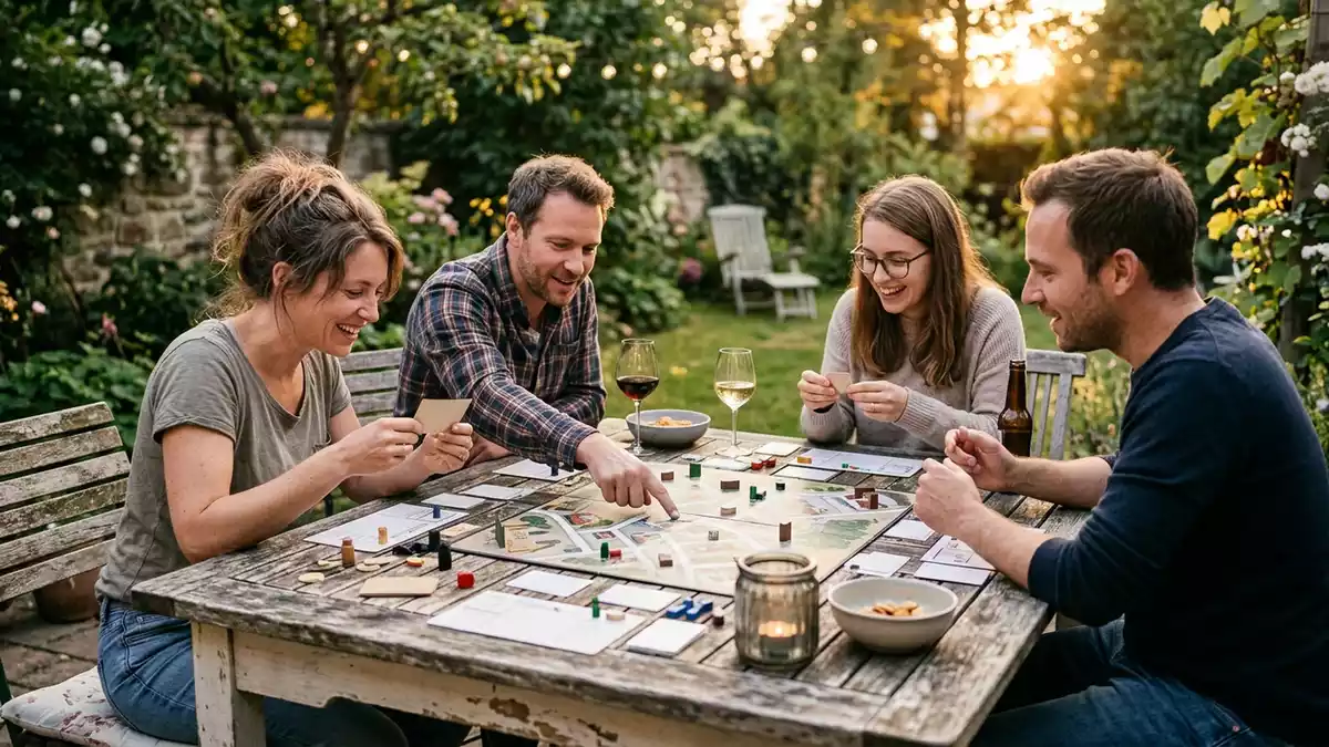 Fotorealistische Ansicht von Detektivspiel im Garten in warmem Abendlicht, neutral