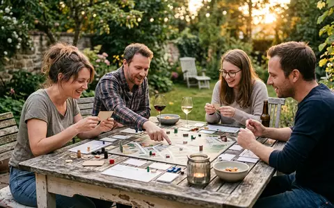 Fotorealistische Aufnahme von Detektivspiel im Garten zum Thema Scotland Yard, warmes Abendlicht - Foto: THN