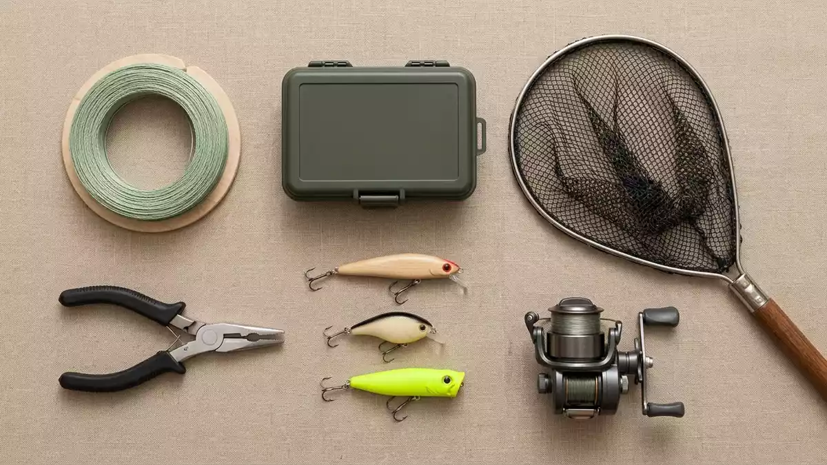 Flatlay-Arrangement rund um Wobblerkoeder mit passenden Requisiten von oben, neutral