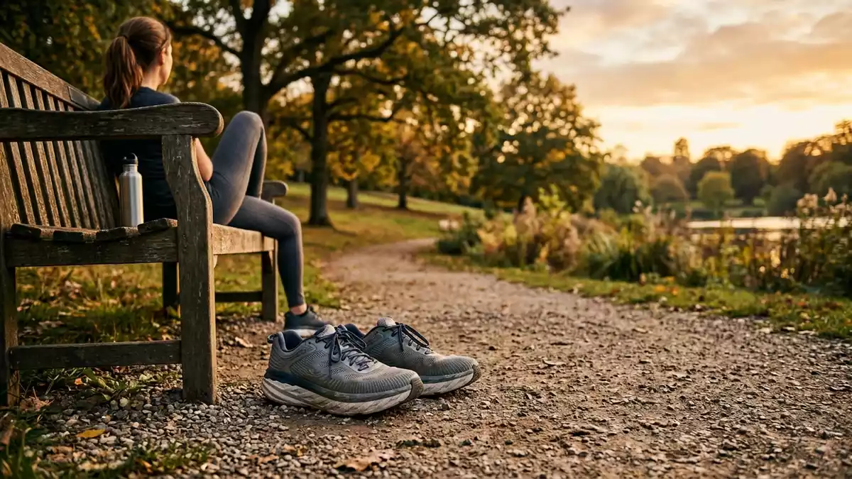 Fotorealistische Ansicht von Laufschuhe im Park in warmem Abendlicht, neutral