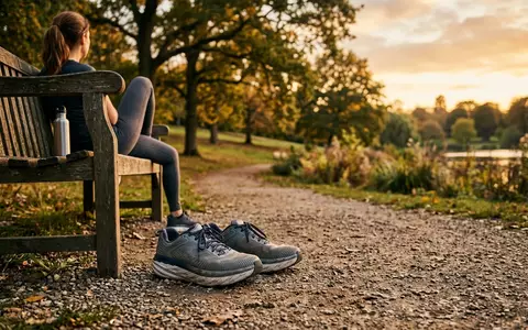 Fotorealistische Aufnahme von Laufschuhe im Park zum Thema New Balance 1080v14 Laufschuhe, warmes Abendlicht - Foto: THN