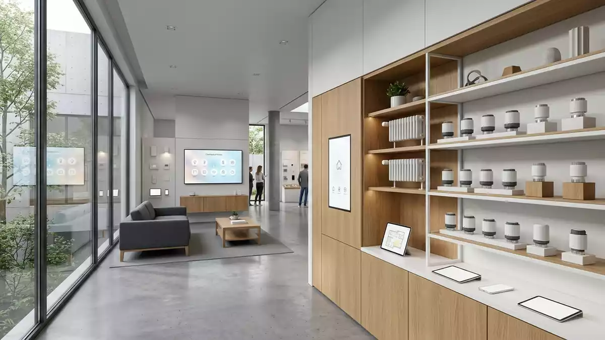 Architektur-Render im Hausautomationsgeschaeft mit Heizkoerperthermostat