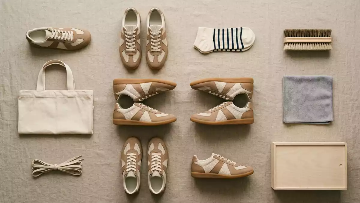 Flatlay-Arrangement rund um Sneaker mit passenden Requisiten von oben, neutral