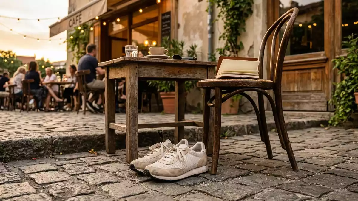 Fotorealistische Ansicht von Sneaker im Cafe in warmem Abendlicht, sachlich dargestellt
