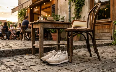 Fotorealistische Aufnahme von Sneaker im Cafe zum Thema New Balance 530 Sneaker, warmes Abendlicht - Foto: THN