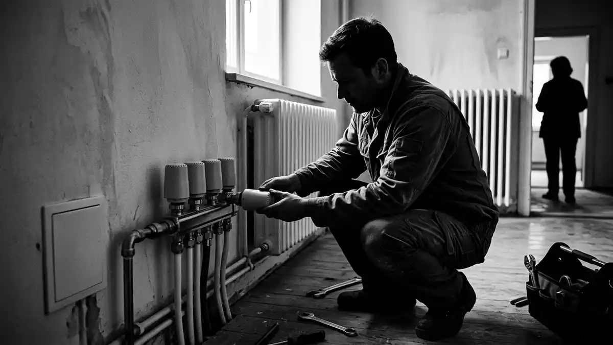 Schwarzweiss-Reportagebild mit Thermostatset in dokumentarischer Arbeitsumgebung