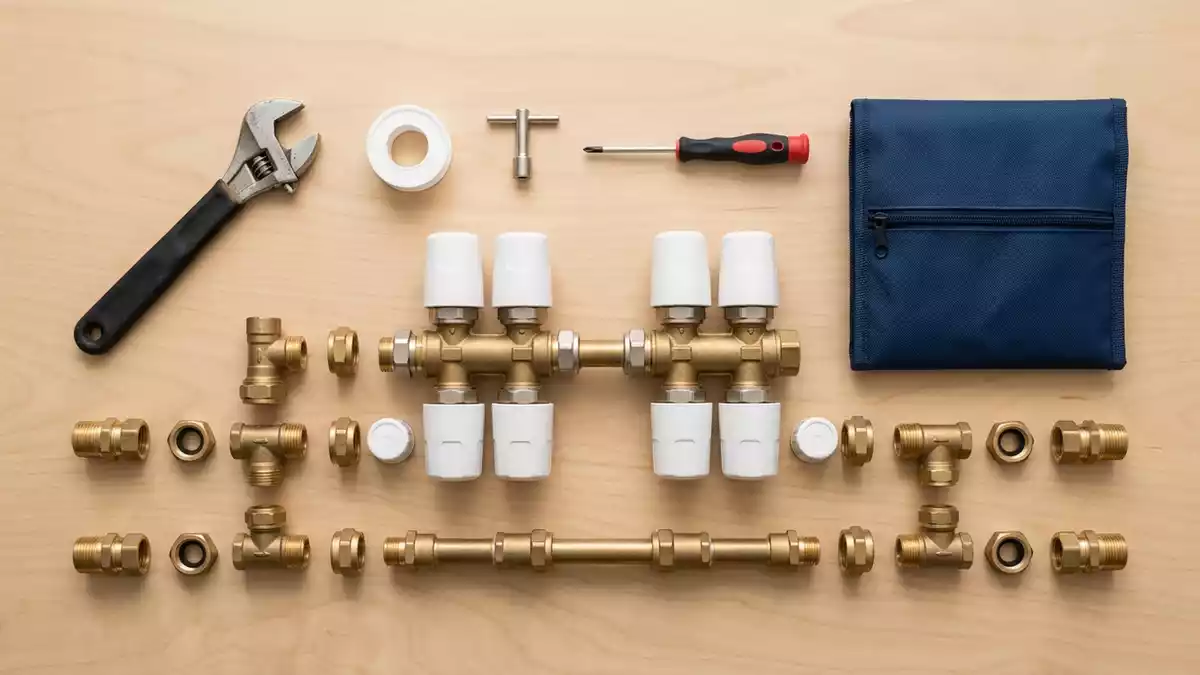 Flatlay-Arrangement rund um Thermostatset mit passenden Requisiten von oben, neutral