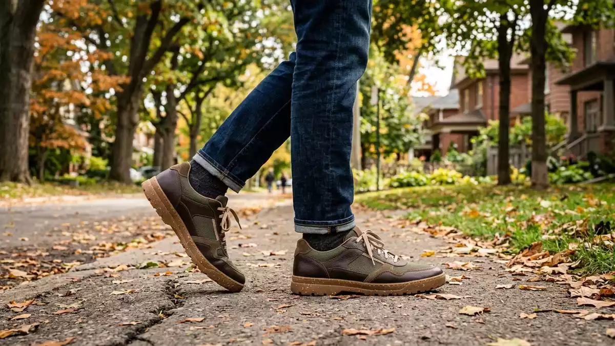 Fotorealistische Ansicht von Sneaker beim Spazierengehen in realer Umgebung, neutral