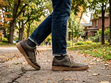 Fotorealistische Aufnahme von Sneaker beim Spazierengehen zum Thema New Balance 990v6 Sneaker, natuerliches Licht - Foto: THN