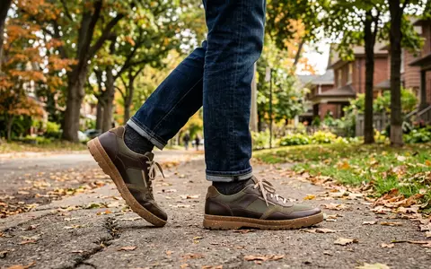 Fotorealistische Aufnahme von Sneaker beim Spazierengehen zum Thema New Balance 990v6 Sneaker, natuerliches Licht - Foto: THN
