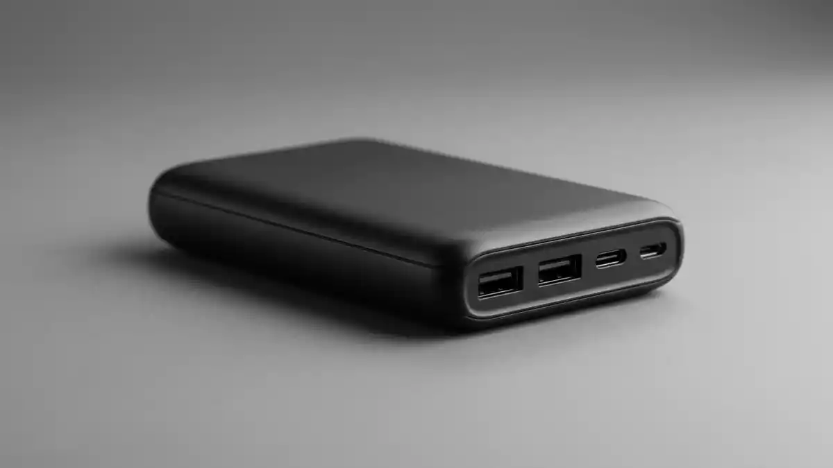 Fotorealistische Studioansicht von Powerbank in neutraler Produktdarstellung, neutral
