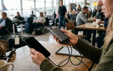 Fotorealistische Aufnahme von Powerbank in der Flughafenlounge zum Thema Anker 511 Powerbank 5200mAh, natuerliches Licht - Foto: THN