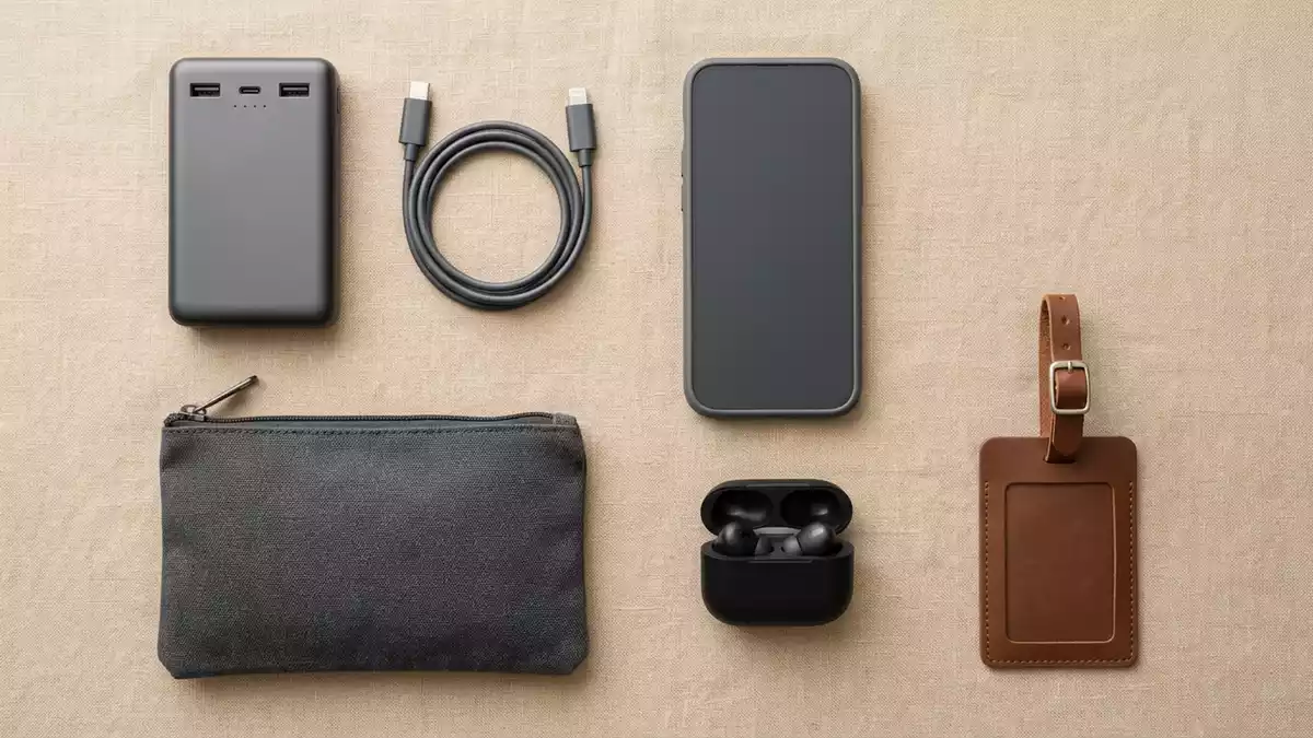 Flatlay-Arrangement rund um Powerbank mit passenden Requisiten von oben, neutral