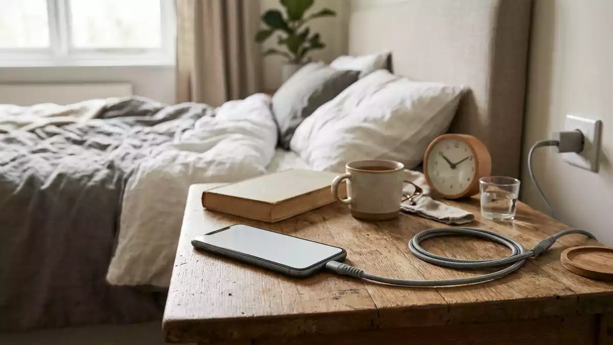 Fotorealistische Ansicht von Ladekabel am Nachttisch in realer Umgebung, neutral